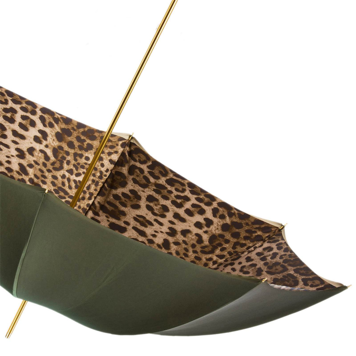 Edge of the open canopy: olive green outside, leopard print inside, gold-tone shaft