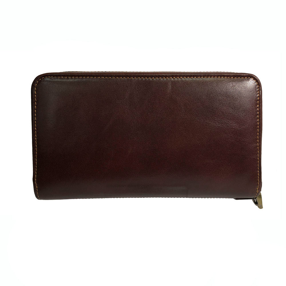 Back of the dark brown Italico 3528-21 wallet-clutch — smooth glossy bull leather with contrasting stitching