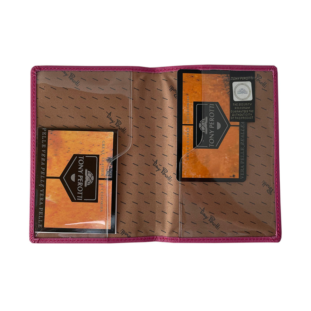 Pink passport cover Tony Perotti Contatto 2241 dalia opened flat — two transparent pockets with shaped cut-outs over the light brown signature-print lining
