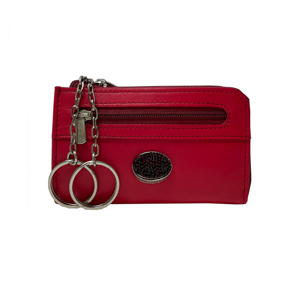 Tony Perotti Swarovski 1941L marlboro — red leather key case with the two split rings pulled out on their chains and the crystal plaque on the front