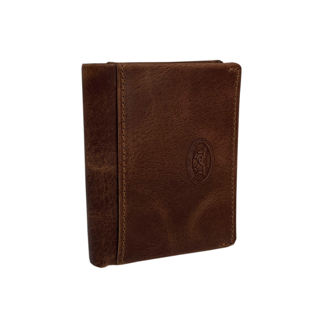 Tony Perotti Arno 1034N whisky — closed at an angle, showing the thickness of the folded card holder