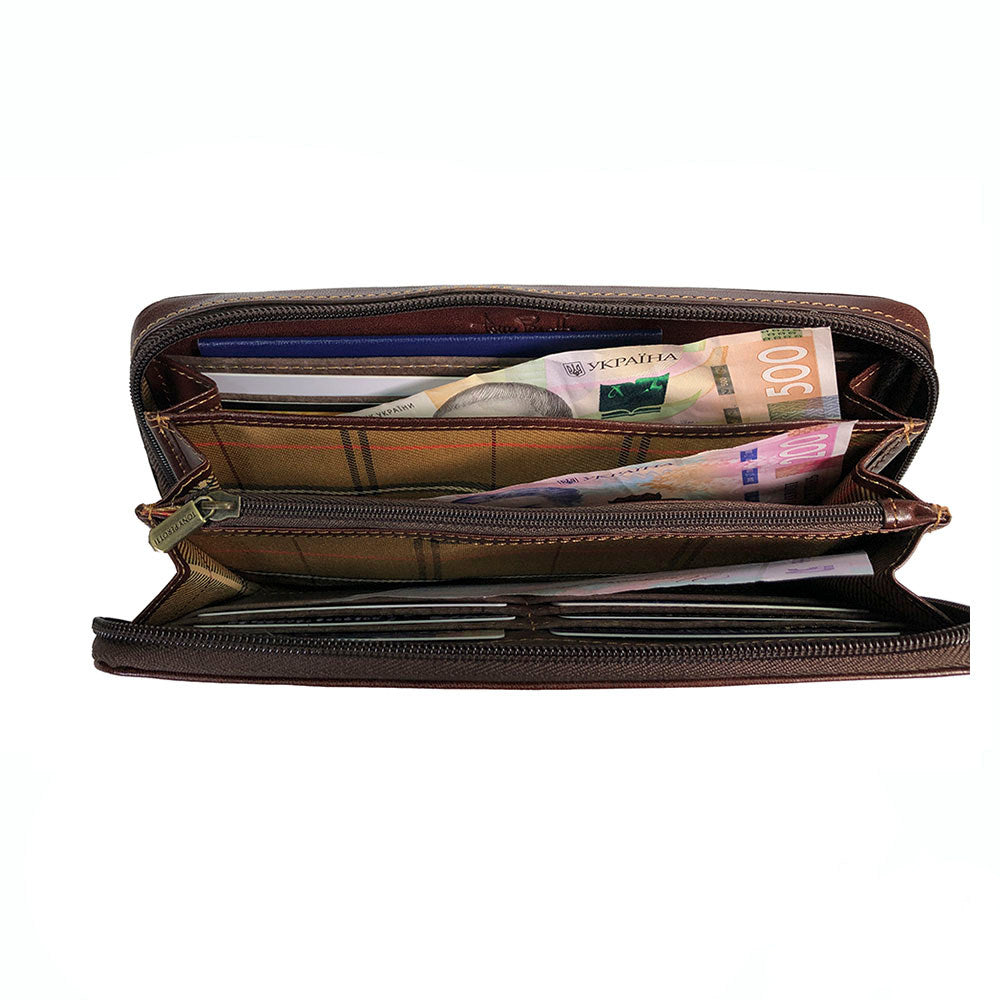 Inside the dark brown Italico 3528-21 — bill sections with banknotes, documents and checked lining