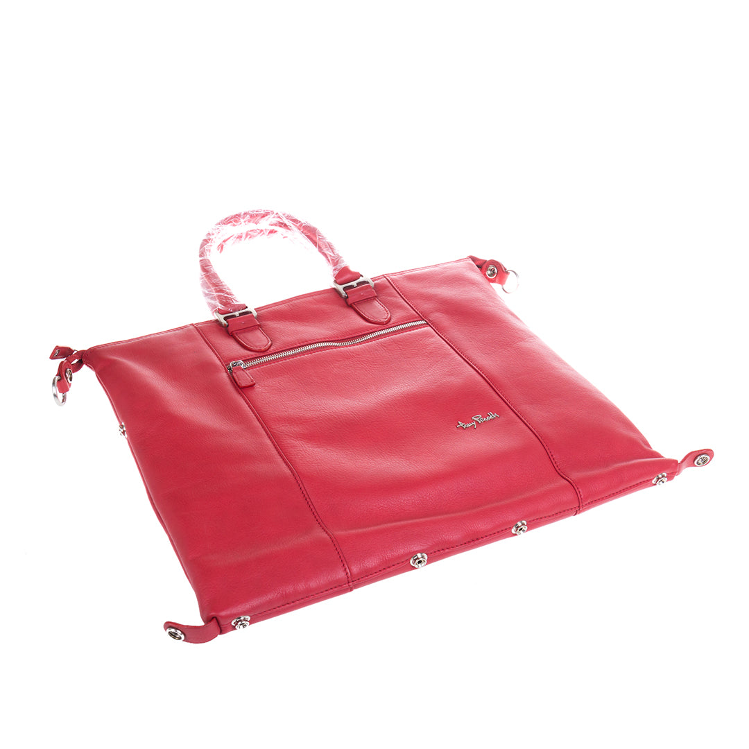 Base of the Tony Perotti Contatto 9217-31 rosso handbag laid flat — the row of dark silver snap studs that set the shape