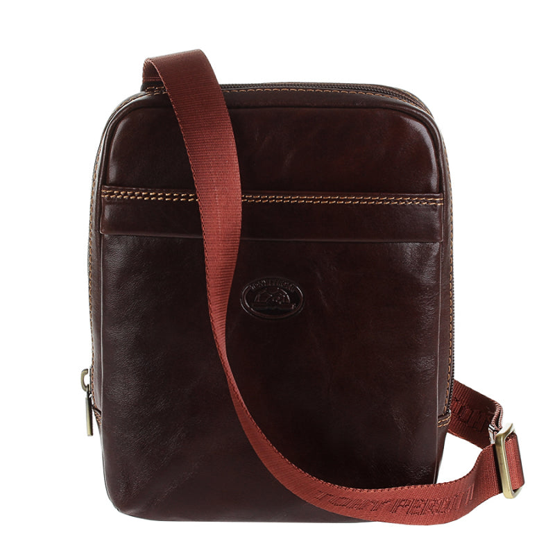 Tony Perotti Italico 6056 men's small dark brown leather crossbody bag — front view with magnetic-snap pocket, contrasting stitching and embossed turtle emblem