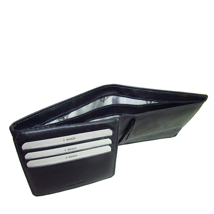 Navy leather bifold wallet coin pocket detail — Tony Perotti Cortina 5078