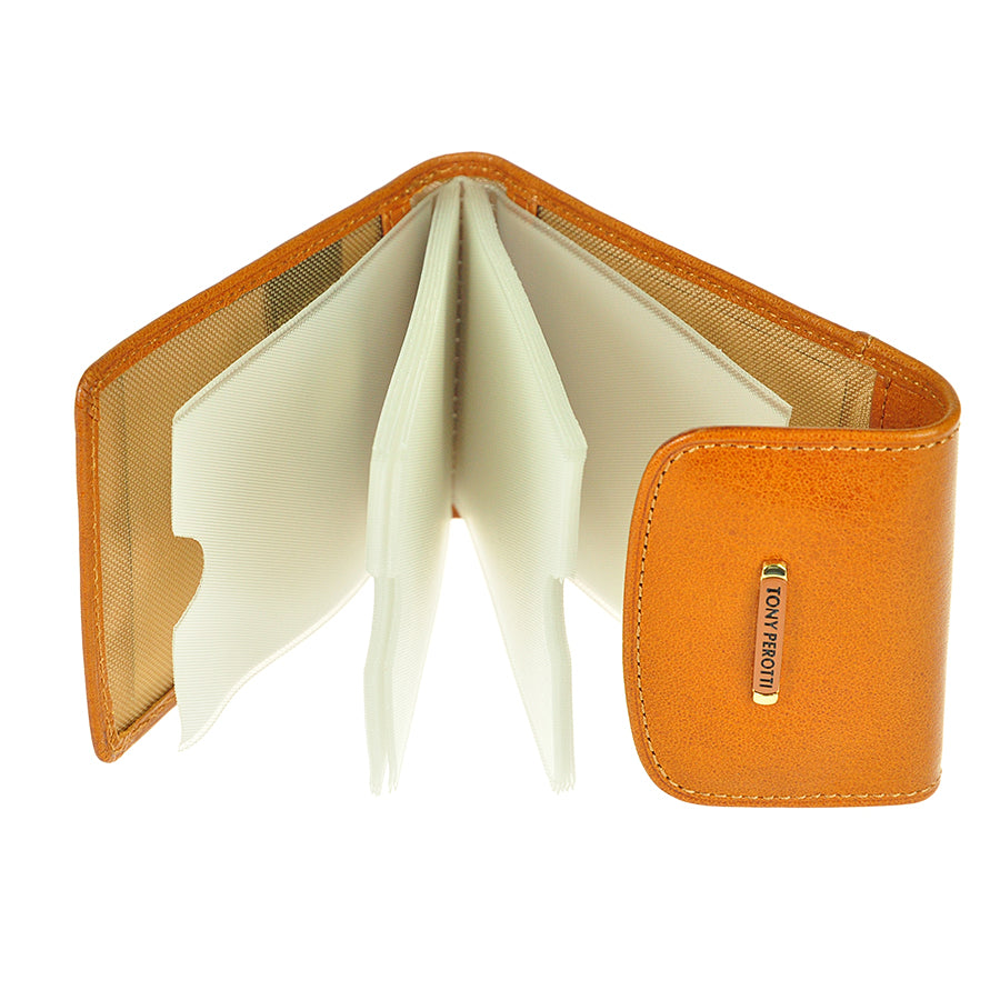 Tony Perotti Topkapi 1703 giallo — opened, showing the fan of clear files and the leather pocket