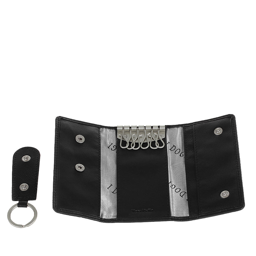 Black leather key case with the leather key fob unclipped and set beside it — Tony Perotti Cortina 5005 nero