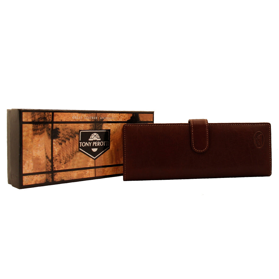 Dark brown leather long business card holder with Tony Perotti branded gift box — Italico 2639 moro