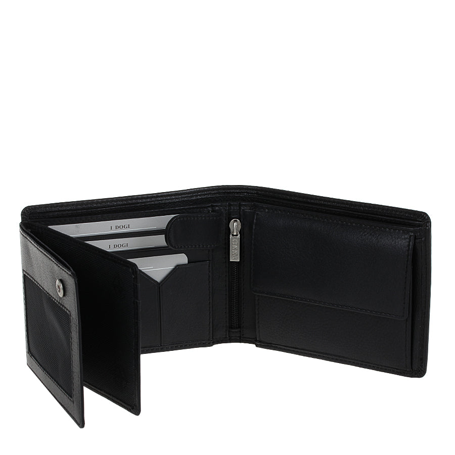 Tony Perotti Cortina 5053 nero with the flip-out card panels swung open, showing the card slots behind them