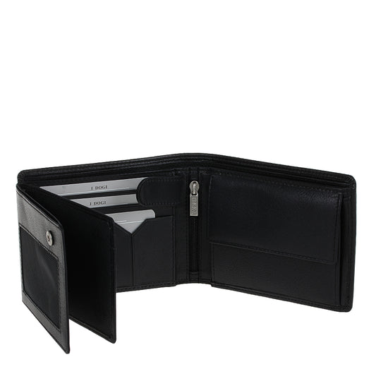 Tony Perotti Cortina 5053 nero with the flip-out card panels swung open, showing the card slots behind them