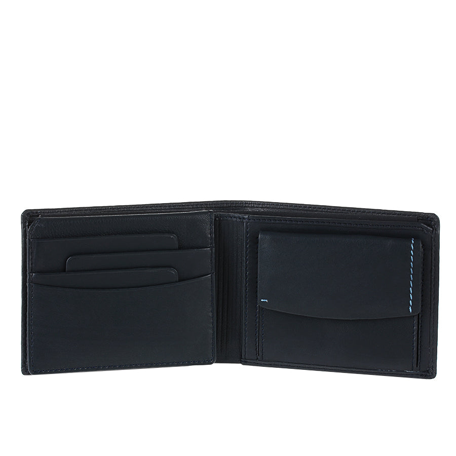 Open Tony Perotti Timone 11012 navy wallet with card slots on the left and a flap coin pocket on the right