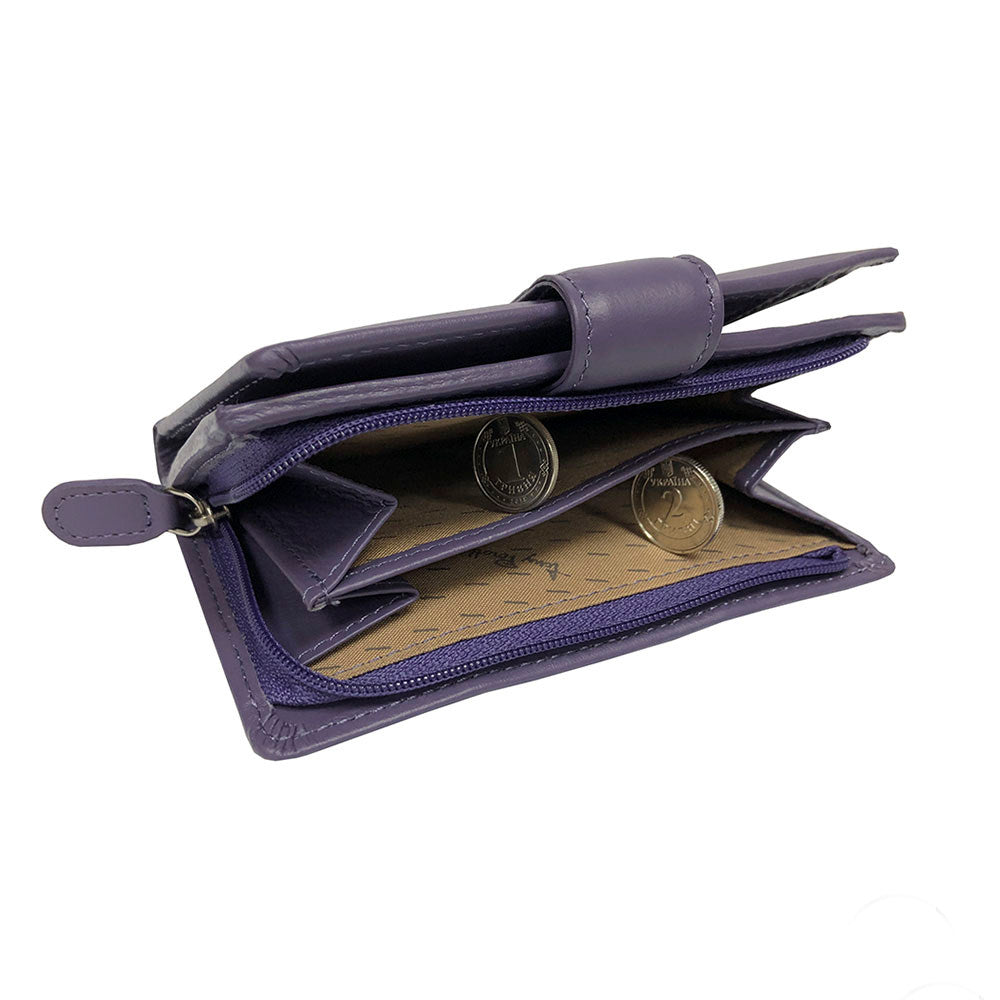 Two-section zip coin pocket on the back of the purple New Rainbow 1654 wallet