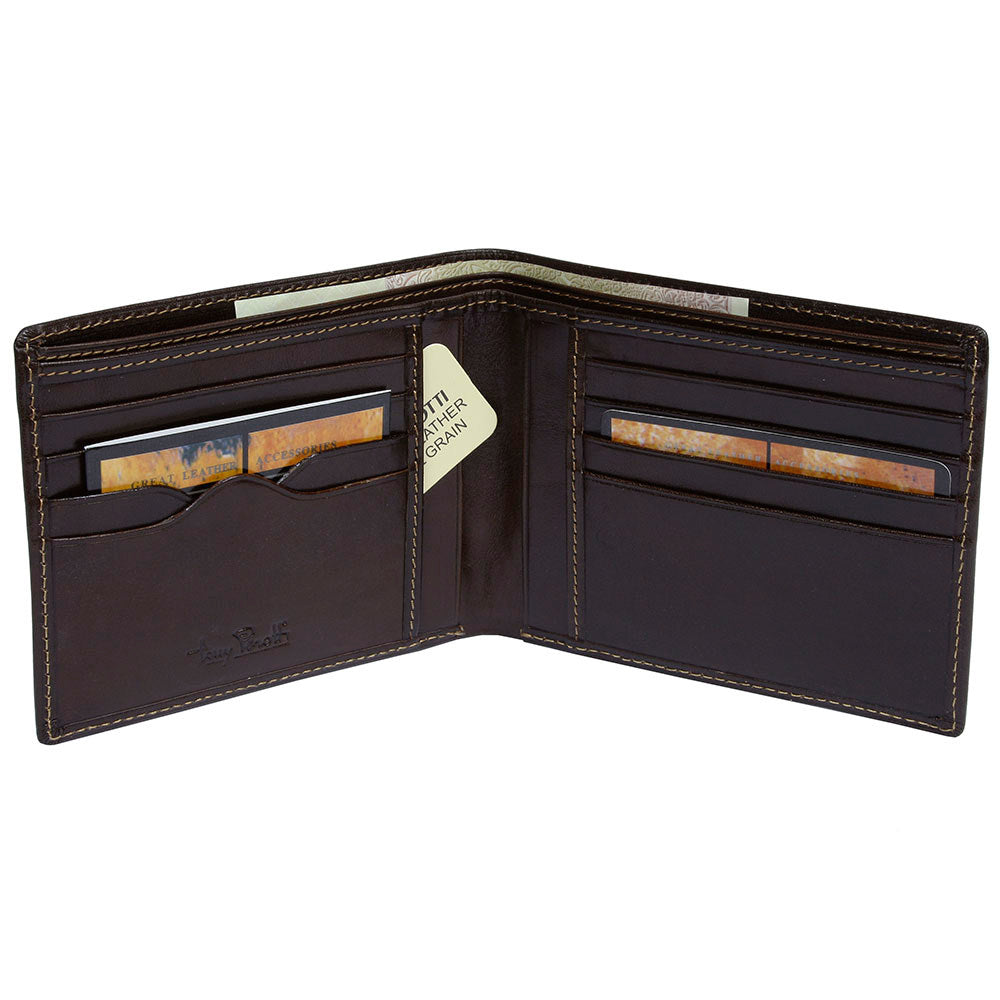 Open Tony Perotti dark brown bifold wallet with card slots and document pockets