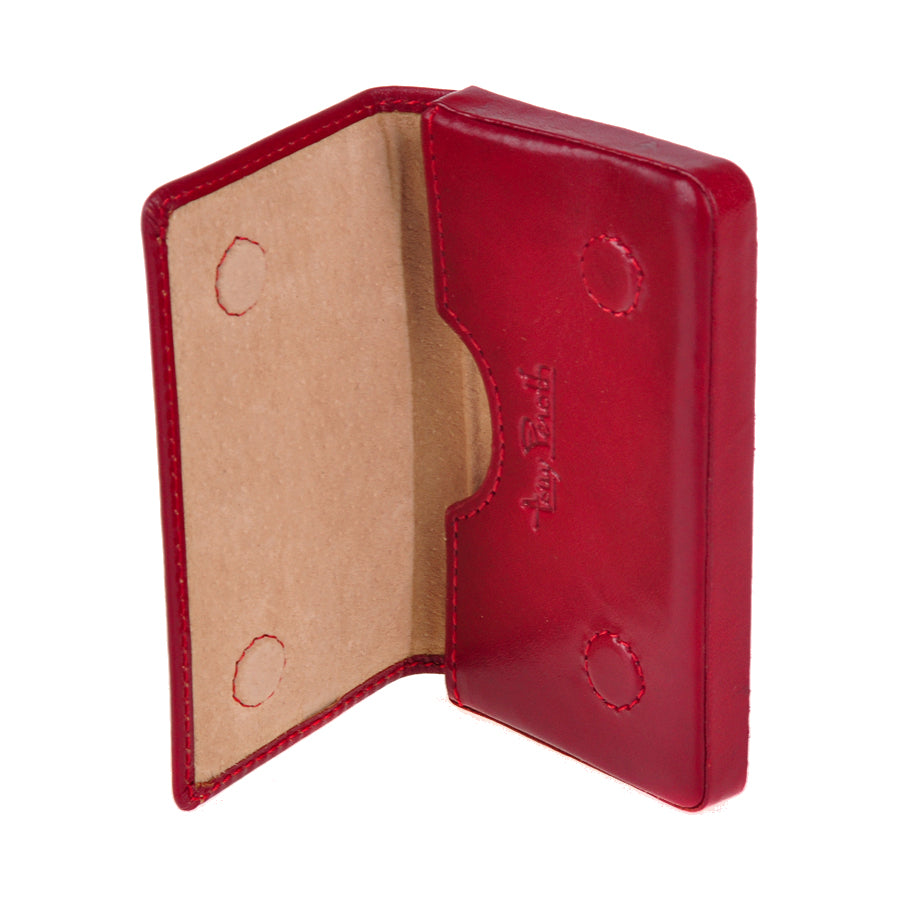 Red leather business card holder open, upright view with embossed Tony Perotti signature — Italico 2678 rosso