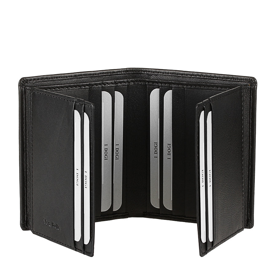Tony Perotti Cortina 5088 nero opened wide — both flip-out wing panels raised, cards held on four inner faces