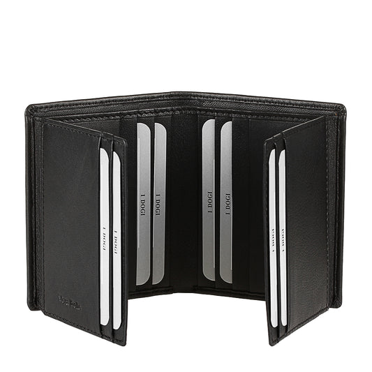 Tony Perotti Cortina 5088 nero opened wide — both flip-out wing panels raised, cards held on four inner faces