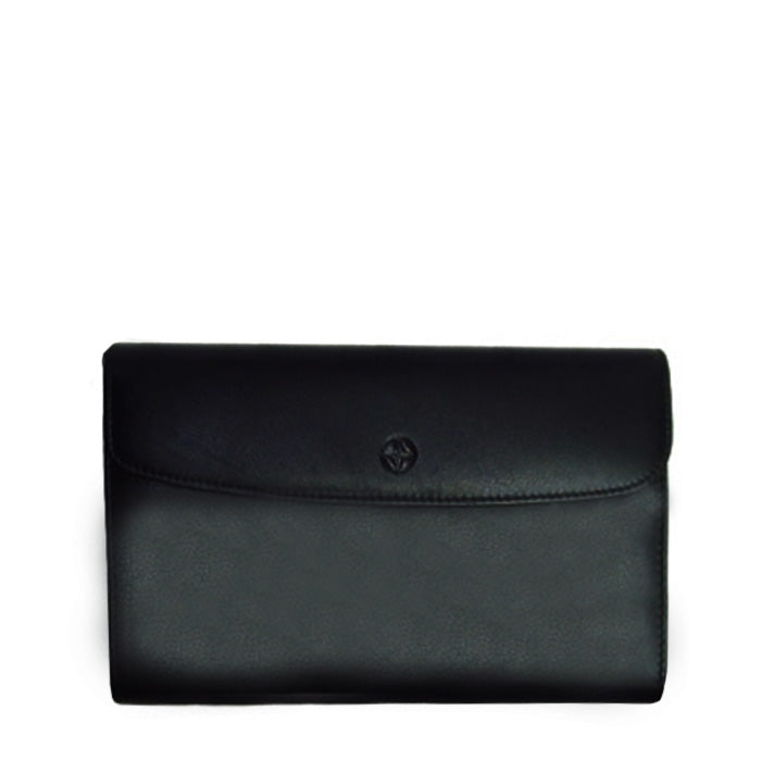 Black Tony Perotti Cortina 5073 large flap wallet seen straight on, closed — the envelope flap with the embossed compass rose