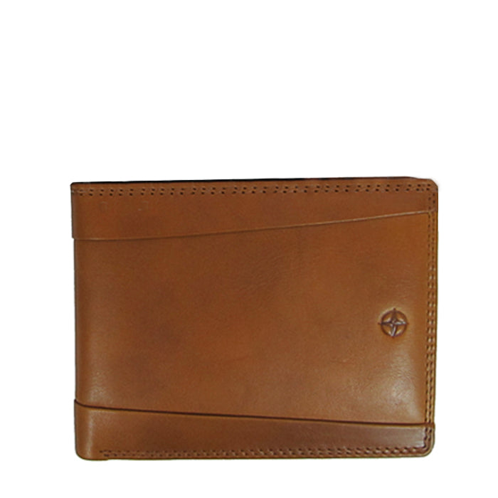 Tan Tony Perotti Cortina 5013 leather bifold wallet seen straight on, closed — panel seams across the top and bottom and the embossed compass rose