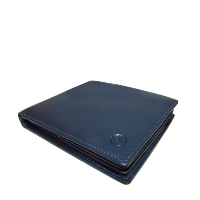 Navy Tony Perotti Cortina 5068 wallet lying closed at an angle — the fold and the layered edge