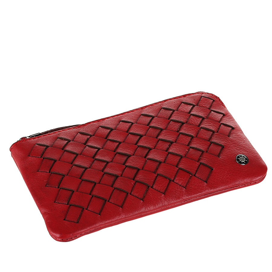 Tony Perotti Timone intrecciato 12002 rosso red woven leather key case lying closed, angled view