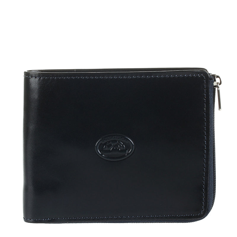 Navy leather zip bifold wallet Tony Perotti Italico 3645 navy — front with embossed turtle emblem