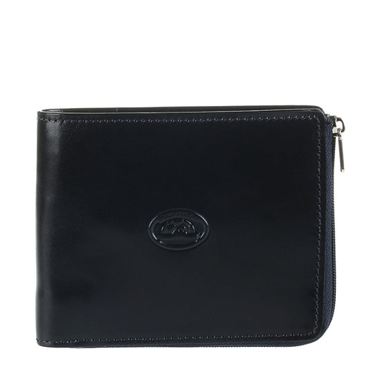 Navy leather zip bifold wallet Tony Perotti Italico 3645 navy — front with embossed turtle emblem