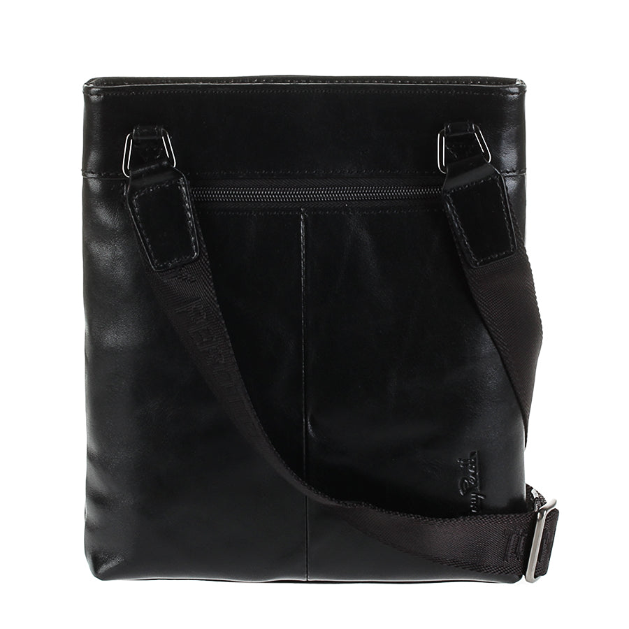 Back of the black Italico 6048 crossbody bag — rear flat zip pocket and black jacquard shoulder strap