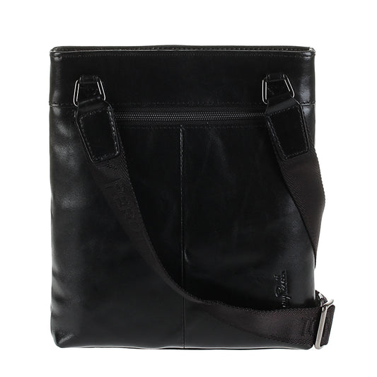Back of the black Italico 6048 crossbody bag — rear flat zip pocket and black jacquard shoulder strap