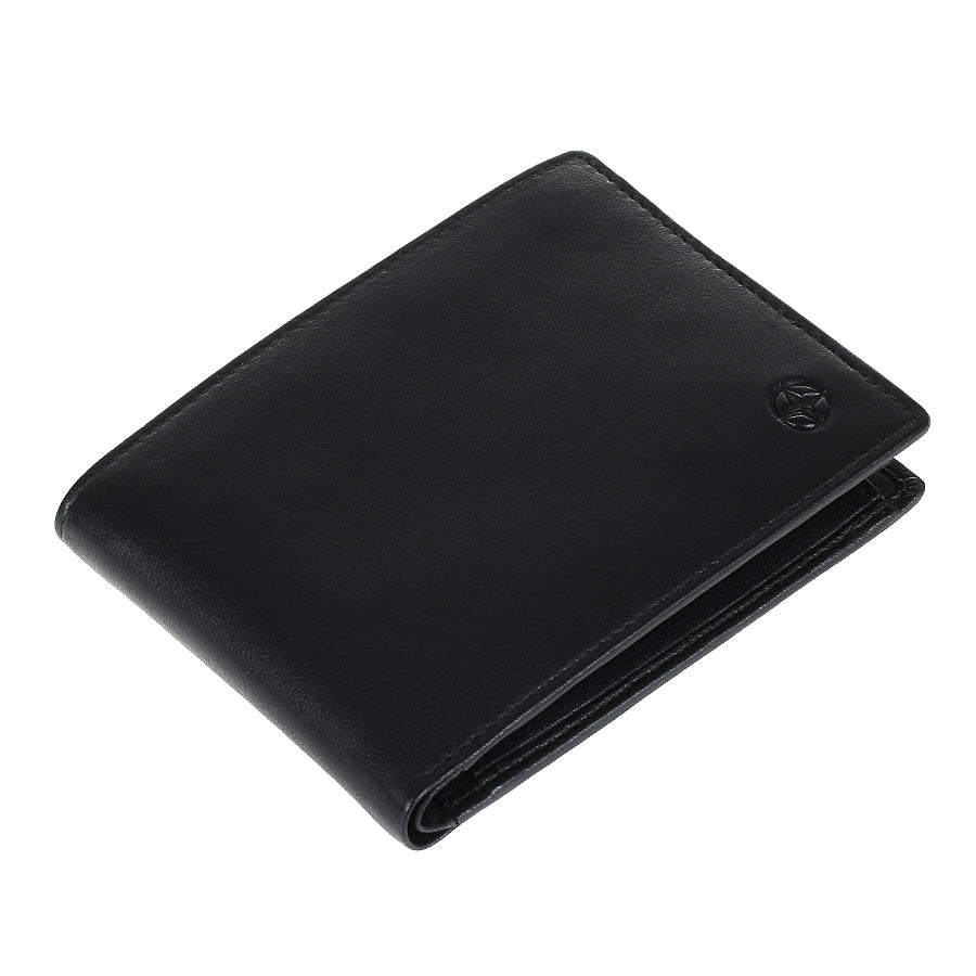 Black Tony Perotti Cortina 5052 wallet lying closed, seen from above — the fold and the slim profile