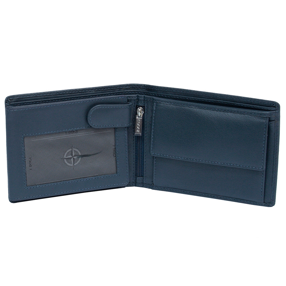 Tony Perotti Cortina 5053 navy opened — the ID window under its snap tab, a zipped pocket down the middle and the snap coin pocket on the right
