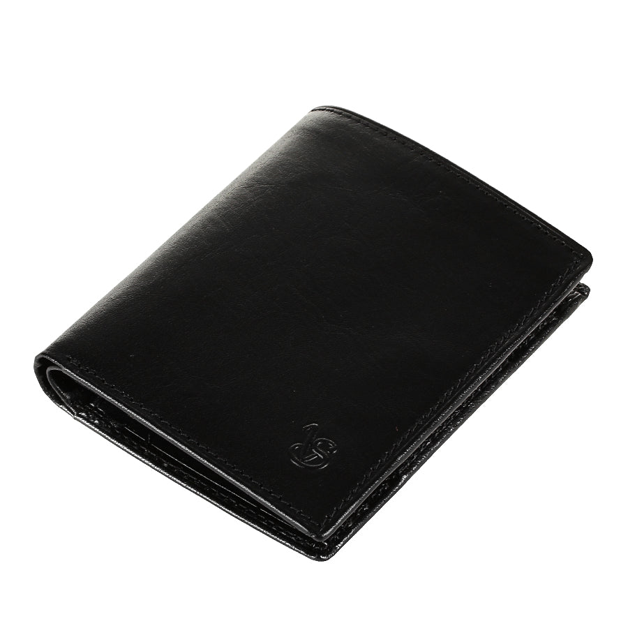 Tony Perotti Viasorte 1165 nero black leather compact wallet lying closed, angled view