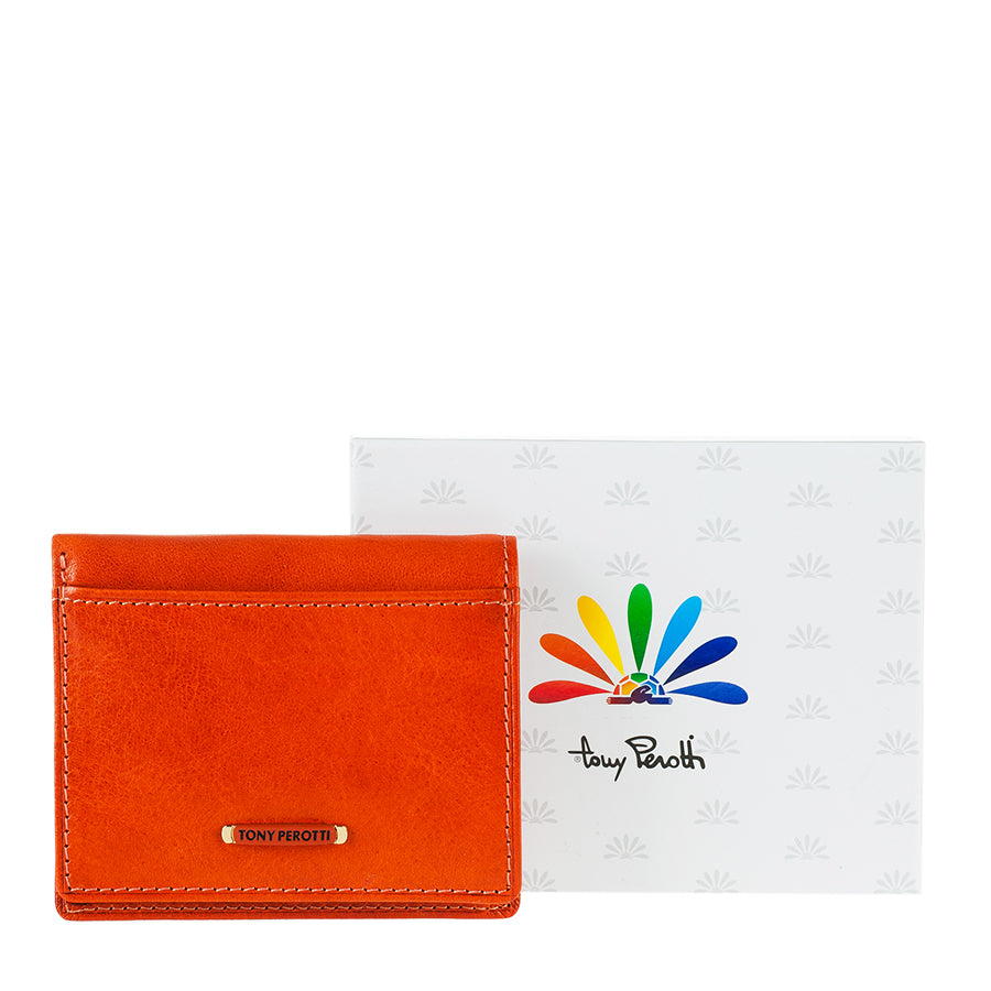 Tony Perotti Topkapi 1034 Mandarino — the card holder beside the branded Tony Perotti card that comes with it