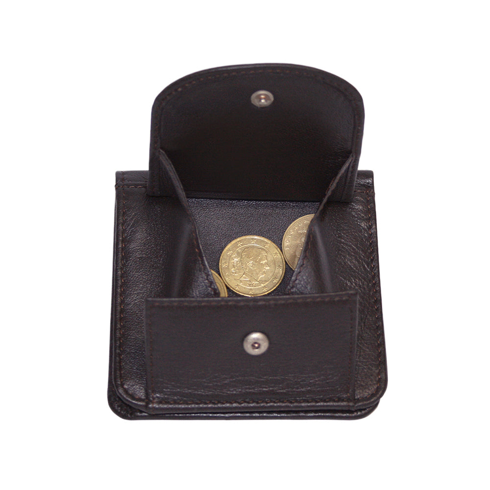 The back coin pocket of the dark brown Tony Perotti Cortina 5019 wallet open with coins inside