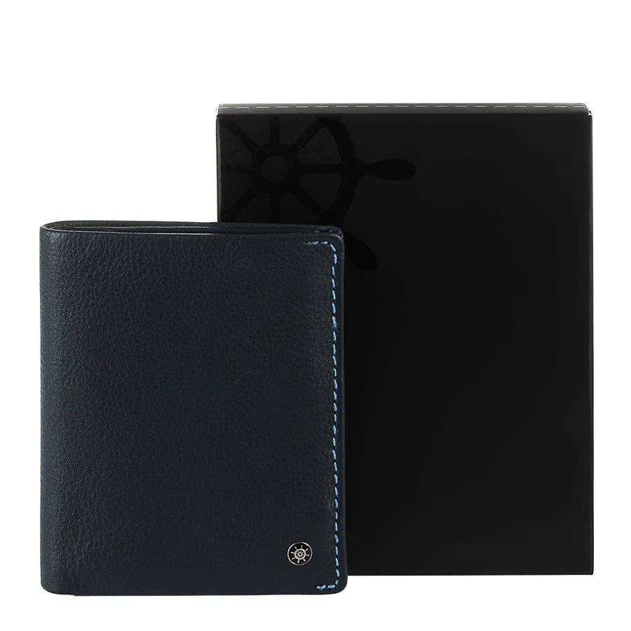 Tony Perotti Timone 11071 navy compact leather wallet with black ship's wheel gift box