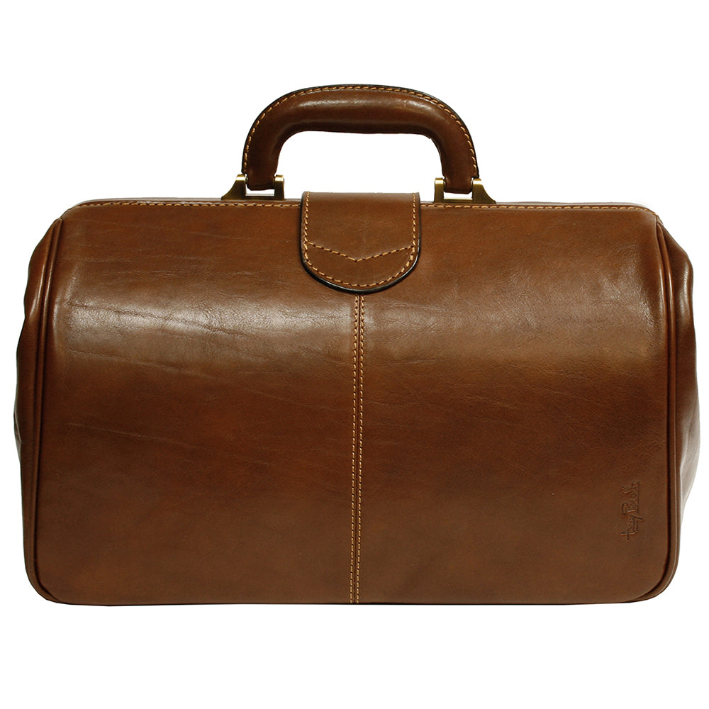 Back of the cognac Italico 8051 doctor bag — top snap tab, centre seam and embossed Tony Perotti signature