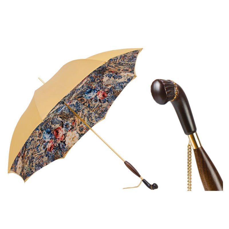 Pasotti women's golden yellow umbrella with floral print inside and wooden handle with Swarovski crystals, open, with a close-up of the handle — 189 9A366-1 Z1