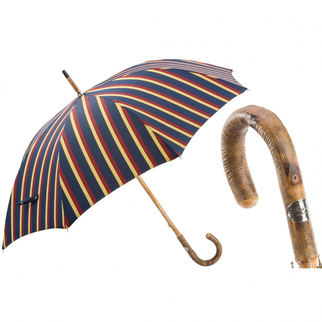 Pasotti men's navy striped umbrella with one-piece ash handle, open, with a close-up of the handle — 142 Alfred-1 F