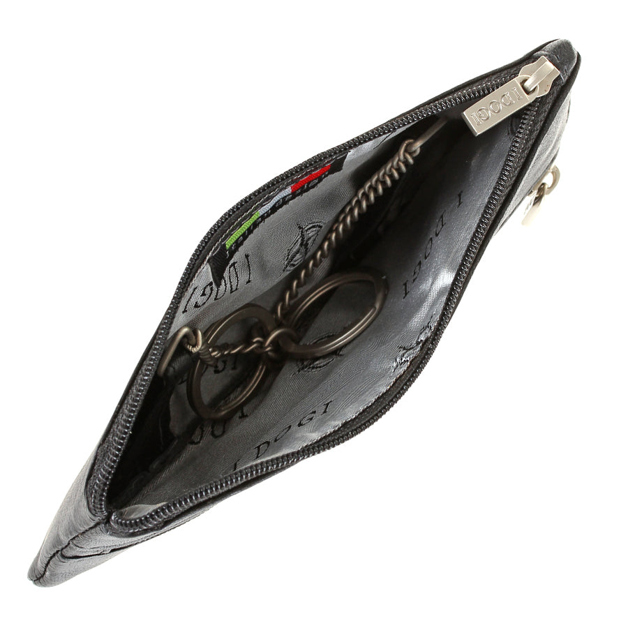 Tony Perotti Cortina 5021 nero — main compartment open: grey woven «I DOGI» lining, «Italian design» label and two key rings on metal chains