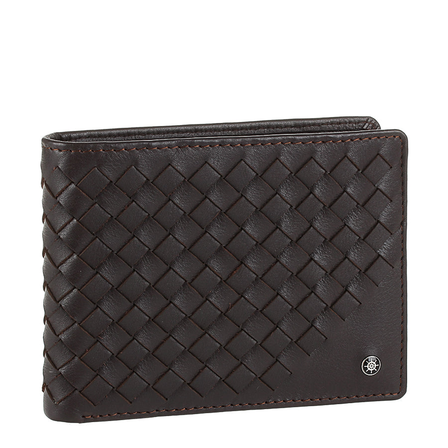 Tony Perotti Timone intrecciato 12013 moro dark brown woven leather bifold wallet, three-quarter view
