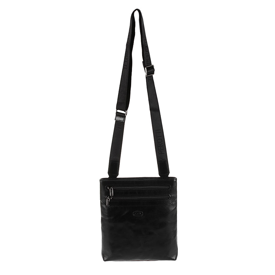 Tony Perotti Italico 6048 black crossbody bag on an adjustable jacquard strap with woven Tony Perotti lettering