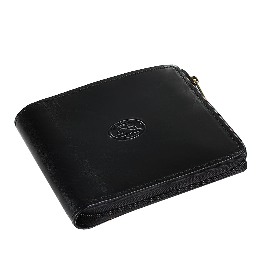Tony Perotti Italico 3645 nero black leather wallet from above — zip along the bottom and side edges