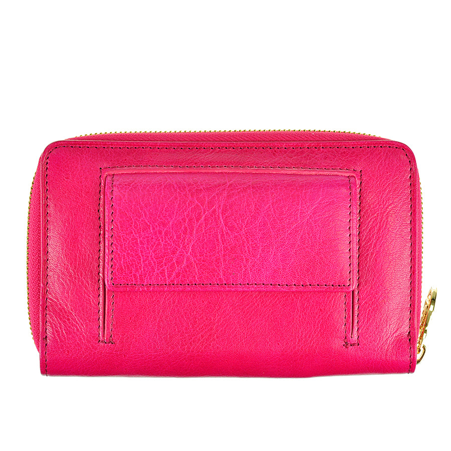 Back of the raspberry pink Topkapi wallet with snap coin pocket under a flap