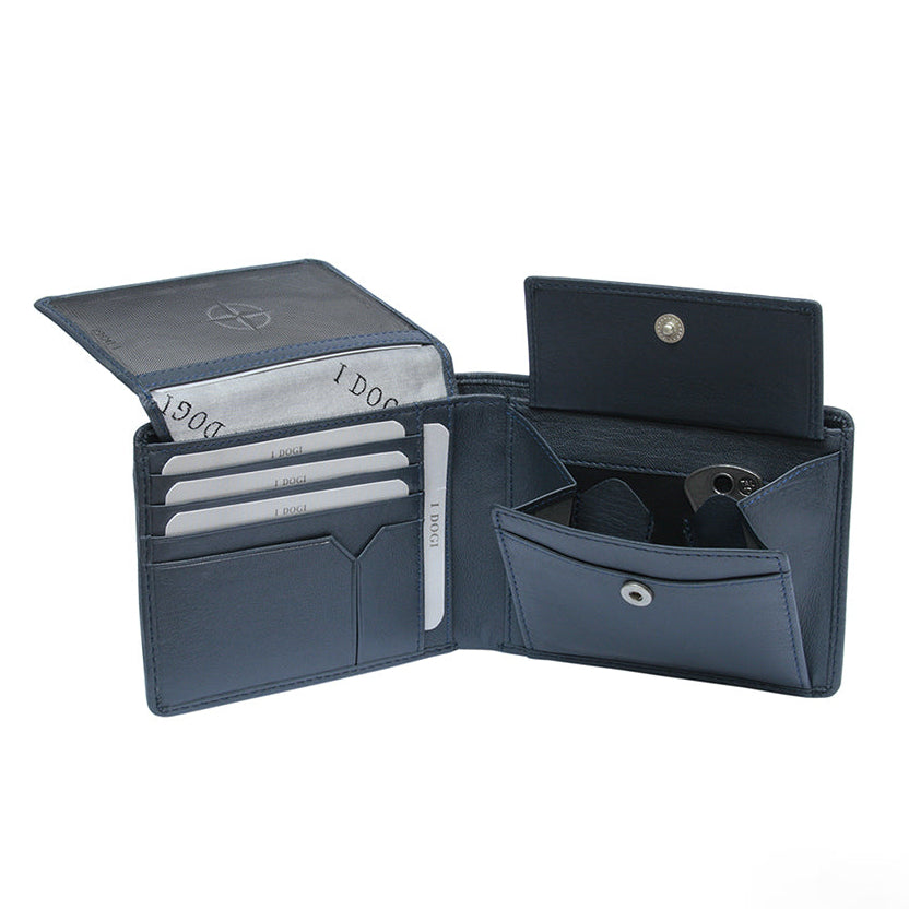 Tony Perotti Cortina 5057 navy with the ID flap raised and the coin pocket unsnapped, keys inside the pocket