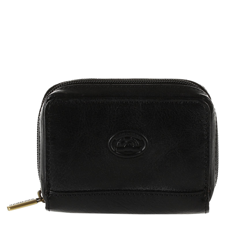 Tony Perotti Italico 1582 nero — the black leather zip card holder closed, front face with the embossed oval turtle emblem and the gold-tone zip pull