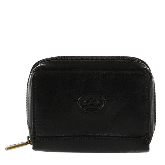 Tony Perotti Italico 1582 nero — the black leather zip card holder closed, front face with the embossed oval turtle emblem and the gold-tone zip pull