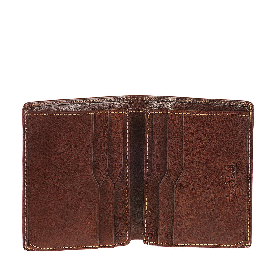 Tony Perotti Nevada 3774 moro dark brown wallet open, side flaps folded in with stepped card slots
