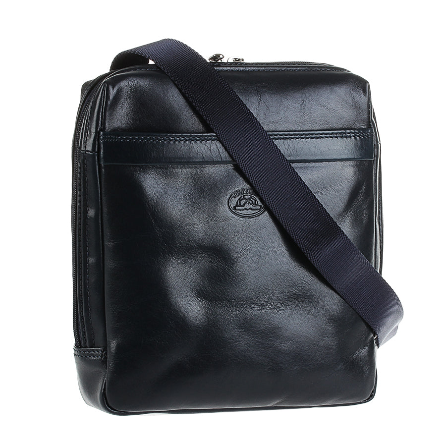 Navy leather crossbody bag, three-quarter view with silver-tone hardware — Italico 6001 navy
