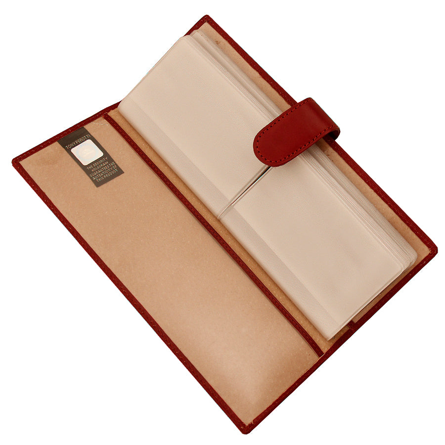 Red leather long business card holder open with clear sleeves — Tony Perotti Italico 2639 rosso