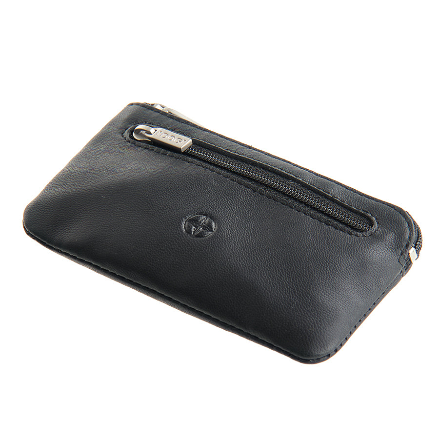 Black leather key pouch at an angle, front zip pocket and I DOGI zip pulls — Tony Perotti Cortina 5002 nero