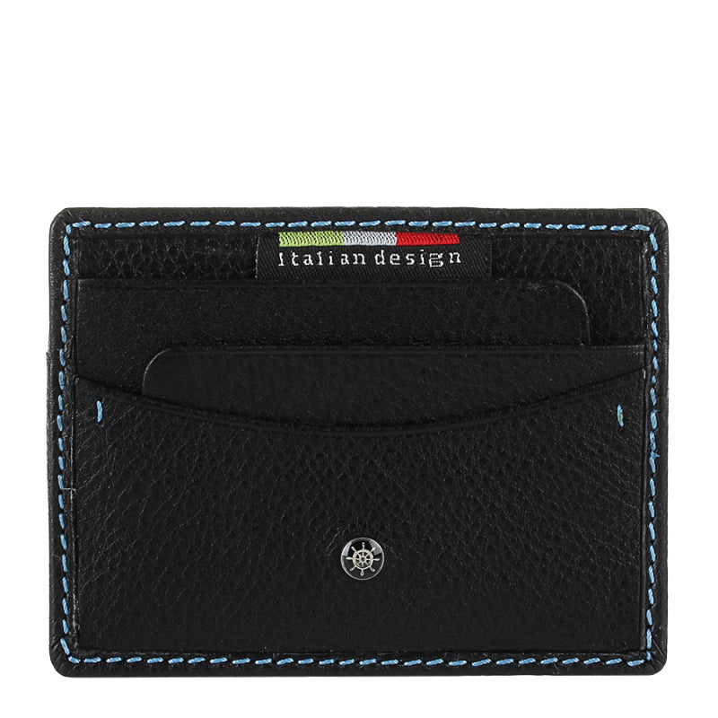 Tony Perotti Timone 11043 nero — the front of the black leather card holder: card slots along the top, a scooped slip pocket and the metal ship’s-wheel plate